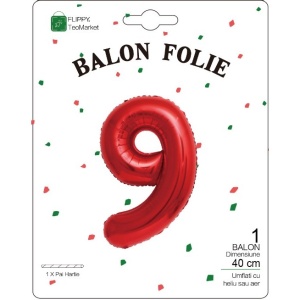 Balon din Folie Metalizata Flippy, Figurina Cifra, Tema Aniversare 40 cm, Ambalaj Individual, Pai inclus, Umflare cu Aer sau Heliu, Rosu, Cifra 9 - Img 2