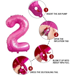 Balon din Folie Metalizata Flippy, Figurina Cifra, Tema Aniversare 40 cm, Ambalaj Individual, Pai inclus, Umflare cu Aer sau Heliu, Roz, Cifra 2 - Img 5