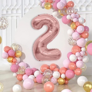 Balon din Folie Metalizata Flippy, Figurina Cifra, Tema Aniversare 40 cm, Ambalaj Individual, Pai inclus, Umflare cu Aer sau Heliu, Rose Gold, Cifra 2 - Img 2