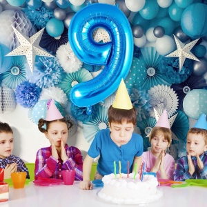 Balon din Folie Metalizata Flippy, Figurina Cifra, Tema Aniversare 40 cm, Ambalaj Individual, Pai inclus, Umflare cu Aer sau Heliu, Albastru, Cifra 9 - Img 4