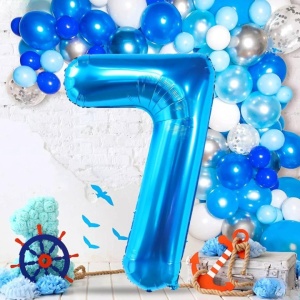 Balon din Folie Metalizata Flippy, Figurina Cifra, Tema Aniversare 40 cm, Ambalaj Individual, Pai inclus, Umflare cu Aer sau Heliu, Albastru, Cifra 7 - Img 4