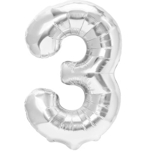 Balon din Folie Metalizata Flippy, Figurina Cifra, Tema Aniversare 40 cm, Ambalaj Individual, Pai inclus, Umflare cu Aer sau Heliu, Argintiu, Cifra 3 - Img 1