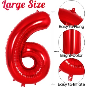 Balon din Folie Metalizata Flippy, Figurina Cifra, Tema Aniversare 80 cm, Ambalaj Individual, Pai inclus, Umflare cu Aer sau Heliu, Rosu, Cifra 6 - Img 2