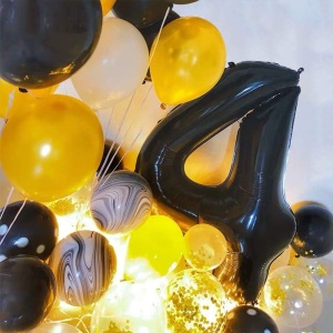 Balon din Folie Metalizata, Flippy, Figurina Cifra, Tema Aniversare 80 cm, Ambalaj Individual, Pai inclus, Umflare cu Aer sau Heliu, Negru, Cifra 4 - Img 8