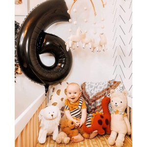 Balon din Folie Metalizata, Flippy, Figurina Cifra, Tema Aniversare 80 cm, Ambalaj Individual, Pai inclus, Umflare cu Aer sau Heliu, Negru, Cifra 6 - Img 3
