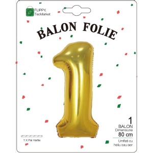 Balon din Folie Metalizata Flippy, Figurina Cifra, Tema Aniversare 80 cm, Ambalaj Individual, Pai inclus, Umflare cu Aer sau Heliu, Auriu, Cifra 1 - Img 2