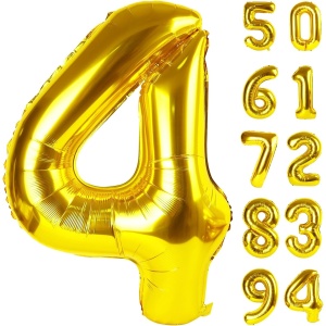 Balon din Folie Metalizata Flippy, Figurina Cifra, Tema Aniversare 80 cm, Ambalaj Individual, Pai inclus, Umflare cu Aer sau Heliu, Auriu, Cifra 4 - Img 8