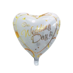 Balon din Folie Metalizata, Flippy, Figurina Inima, Model Our Wedding Day, Tema Nunta, 45 cm, Ambalaj Individual, Pai Inclus, Umflare cu Aer sau Heliu, Alb/Auriu - Img 2
