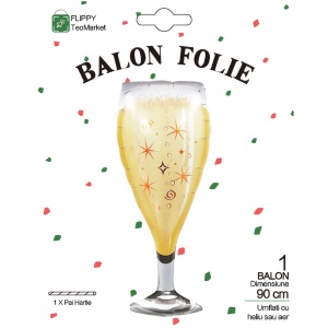 Balon din Folie Metalizata, Flippy, Figurina Pahar de Sampanie, Tema Aniversare, 100x40 cm, Ambalaj Individual, Pai Inclus, Umflare cu Aer sau Heliu, Auriu - Img 6
