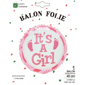 Balon din Folie Metalizata, Flippy, Figurina Rotunda, Model It's a Girl, Tema Gender Reveal, 45 cm, Ambalaj Individual, Pai Inclus, Umflare cu Aer sau Heliu, Roz - Img 4