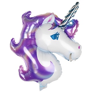 Balon din Folie Metalizata, Flippy, Figurina Unicorn, Tema Animalute, 115 cm, Ambalaj Individual, Pai Inclus, Umflare cu Aer sau Heliu, Mov - Img 1