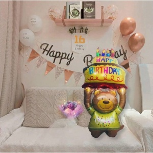 Balon din Folie Metalizata, Flippy, Figurine Animalute, Model Ursulet cu Tort Aniversar, 124x65 cm, Ambalaj Individual, Pai Inclus, Umflare cu Aer sau Heliu, Multicolor - Img 9