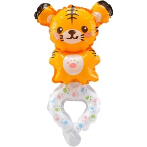 Balon din Folie Metalizata, Flippy, Figurine Animalute, Tip Bratara, Model Tigru, 17x34 cm, Ambalaj Individual, Pai Inclus, Umflare cu Aer sau Heliu, Maro - Img 1