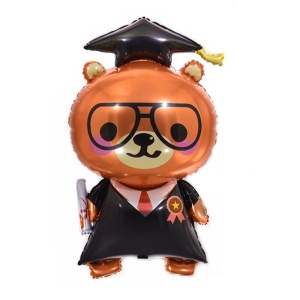 Balon din Folie Metalizata, Flippy, Figurine, Model Ursulet Absolvent, 70 cm, Ambalaj Individual, Pai Inclus, Umflare cu Aer sau Heliu, Maro Negru - Img 1