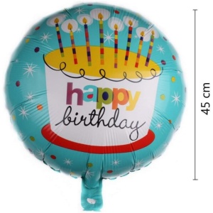 Balon din Folie Metalizata, Flippy, Mini Figurina Rotunda, Model Happy Birthday Tort, Tema Aniversare, 45 cm, Ambalaj Individual, Pai inclus, Umflare cu Aer sau Heliu, Albastru - Img 3