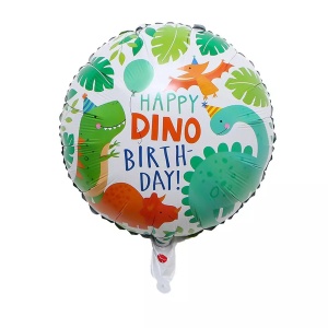 Balon din Folie Metalizata, Flippy, Mini Figurina Rotunda, Model Happy Birthday cu Dinozauri, Tema Aniversare, 45 cm, Ambalaj Individual, Pai inclus, Umflare cu Aer sau Heliu, Multicolor - Img 1