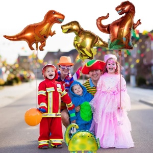 Balon din Folie Metalizata, Flippy, Mini Figurine Dinozauri, Model T-Rex, Tematica Aniversare, 48x34 cm, Ambalaj Individual, Pai Inclus, Umflare cu Aer sau Heliu, Multicolor - Img 6