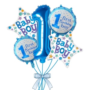 Balon din Folie Metalizata, Flippy, Prima Aniversare, Model First Birthday Boy, 45 cm, Ambalaj Individual, Pai Inclus, Umflare cu Aer sau Heliu, Albastru - Img 3