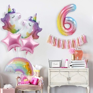 Balon din Folie Metalizata Gradient Flippy, Figurina Cifra, Tema Aniversare 100 cm, Ambalaj Individual, Pai inclus, Umflare cu Aer sau Heliu, Multicolor, Cifra 6 - Img 5
