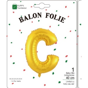 Balon Folie Metalizata Litera C, Flippy, 40 cm, Umflati cu Heliu sau Aer, Ambalaj Individual, Pai inclus, Auriu - Img 2