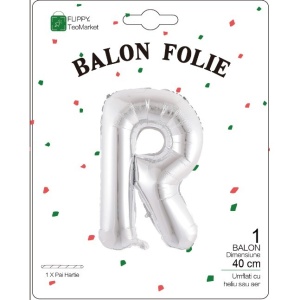 Balon Folie Metalizata Litera R, Flippy, 40 cm, Umflati cu Heliu sau Aer, Ambalaj Individual, Pai inclus, Argintiu - Img 2