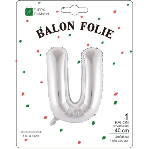 Balon Folie Metalizata Litera U, Flippy, 40 cm, Umflati cu Heliu sau Aer, Ambalaj Individual, Pai inclus, Argintiu - Img 2