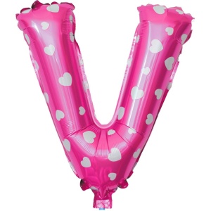 Balon Folie Metalizata Litera V, Flippy, 40 cm, Cu Imprimeu Inimioare, Umflati cu Heliu sau Aer, Ambalaj Individual, Pai inclus, Roz - Img 1