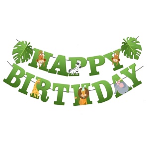 Banner Happy Birthday 100x200 cm, Flippy, Rola de Ata Inclusa, Tematica Jungle, Verde - Img 1
