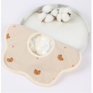 Baveta din Bumbac pentru Copii, Flippy, 0-12 Luni, Rezistenta la Apa, cu Capse, Design 3D, Model cu Ursuleti, Crem