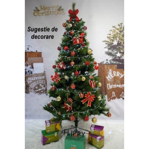 Brad artificial de Craciun, Decorat cu conuri de pin, pentru interior/exterior, inaltime 210 cm, diametru 114 cm, 1057 ramuri, Flippy, verde, suport metalic inclus - Img 5