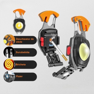 Breloc Multifunctional, Flippy, Model W5147, Kit Supravietuire, Lanterna, Bricheta, Fluier, din ABS/Aluminiu, Alimentare USB, Negru/Portocaliu - Img 14