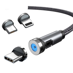 Cablu de incarcare magnetic 3 in 1 360 grade + 180 grade, 2 m, micro, type C, iPhone, 5 V, 2.1 A, Negru - Img 1