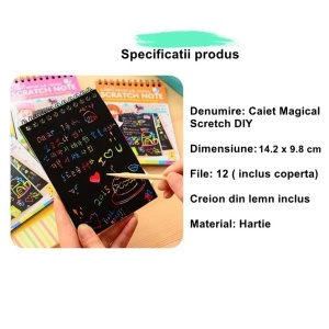 Caiet cu fise razuibile Flippy, DIY Magic Scratch, 12 File, Curcubeu, Creion din Lemn, Cartonase negre, 14.2 x 9.8 cm, Portocaliu - Img 3