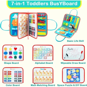 Carte Senzoriala Educativa Montessori, Flippy, cu Activitati, Dezvoltare Abilitati Motorii, 4 Pagini, Model Spatiu Cosmic, 28x22x7 cm, Albastru - Img 5
