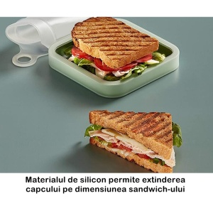 Caserola pentru sandwich Flippy, din silicon si polipropilena, portabil, usor de curatat, capac anti-scurgere, reutilizabil, 15.5 x 15.5 x 2.5 cm, verde - Img 5