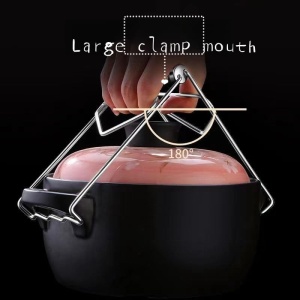 Clema pentru Boluri, Flippy, Anti-Alunecare, din Otel Inoxidabil, Extindere, pentru Oale, Tigai, de Uz Casnic, Rezistent la Temperaturi Inalte, 19.5x9.8x8 cm, Maner Maro, Gri - Img 3