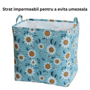 Cos depozitare, Flippy, Capac cu Snur, 175 L, Confectionat din Bumbac si un Strat Impermeabil, 50x50x70 cm, Albastru Deschis, Imprimeu Flori - Img 7