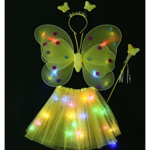 Costum Fluturas cu Aripi Modelabile Luminoase pentru Copii, Flippy, Fusta din Tul cu Lumini, Bagheta si Bentita, 4 piese, Pentru Halloween, Roleplay, Craciun, Carnaval, Paste, Ziua Copilului, Bumbac/Poliester, Marime universala, Galben - Img 3
