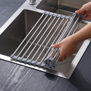 Covoras de Scurgere pentru Chiuveta Bucatarie, din Otel Inoxidabil, Suport Chiuveta, Pliabil, Antiderapant, Usor de Curatat si de Depozitat, 37x30cm, 15 Tuburi, Gri - Img 5