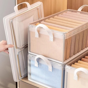Cutie container de depozitare din PVC, Flippy, de stocare, Dimensiuni multiple, Accesoriu robust pentru organizarea de uz casnic, volum 26L, 47 x 28 x 20 cm, Transparenta - Img 4