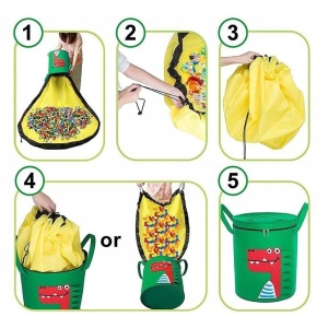 Cutie de Depozitare 2In1, Flippy, Impermeabila, Covor pentru Jucarii si Lego 150cm, Capacitate Mare, cu Manere, cu Sfori, Inaltime 40cm, Model Crocodil, Verde - Img 3
