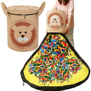 Cutie de Depozitare 2In1, Flippy, Impermeabila, Covor pentru Jucarii si Lego 150cm, Capacitate Mare, cu Manere, cu Sfori, Inaltime 40cm, Model Leu, Maro - Img 3