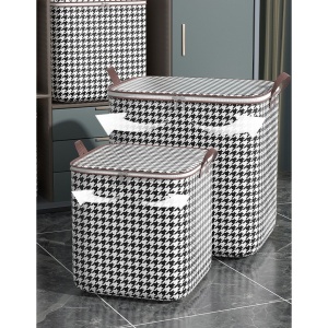 Cutie de Depozitare cu Fermoar, Flippy, Pliabila, Maner Ranforsat, Fermoar Rezistent, pentru Haine, Paturi, Plapumi, Perne, Lenjerii de Pat, Jucarii, 56x45x56 cm, 140 Litri, in Carouri, Alb-Negru - Img 9