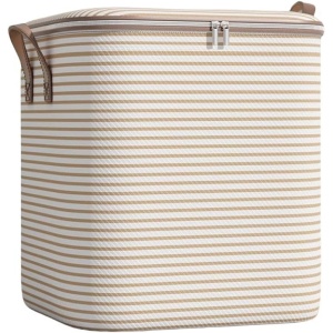 Cutie de Depozitare cu Fermoar, Flippy, Pliabila, Maner Ranforsat, Fermoar Rezistent, pentru Haine, Paturi, Plapume, Perne, Lenjerii de Pat, Jucarii, 50x40x50 cm, 100 Litri, in Dungi, Bej - Img 1