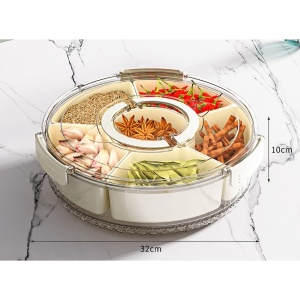 Cutie de Depozitare pentru Alimente, Flippy, cu 6 Compartimente, pentru Condimente, Fructe, Legume, cu Manere de Prindere, Rotativa 360 de Grade, Inchidere Ermetica, 32x10 cm, Alba - Img 3