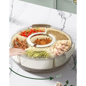 Cutie de Depozitare pentru Alimente, Flippy, cu 6 Compartimente, pentru Condimente, Fructe, Legume, cu Manere de Prindere, Rotativa 360 de Grade, Inchidere Ermetica, 32x10 cm, Alba - Img 5