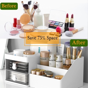 Cutie de Depozitare pentru Birou, Flippy, Pentru Makeup, Papetarie, Organizator Cosmetice, 2 Sertare si Compartimente Multiple, Model Iepuras, Plastic, 27.5x15.5x12 cm, Alb - Img 9