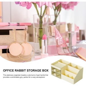 Cutie de Depozitare pentru Birou, Flippy, Pentru Makeup, Papetarie, Organizator Cosmetice, 2 Sertare si Compartimente Multiple, Model Iepuras, Plastic, 27.5x15.5x12 cm, Crem - Img 5