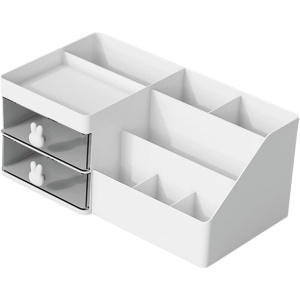 Cutie de Depozitare pentru Birou, Flippy, Pentru Makeup, Papetarie, Organizator Cosmetice, 2 Sertare si Compartimente Multiple, Model Iepuras, Plastic, 27.5x15.5x12 cm, Alb