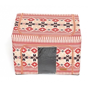 Cutie de Depozitare Pliabila, Flippy,100 L din Bumbac si In, 60X42X40 cm, Fereastra Frontala, 2 Usi de Acces cu Fermoar Bidirectional, Cadru Metalic, Suport Baza Stabil din Plastic, Motiv Traditional Model 1 - Img 5